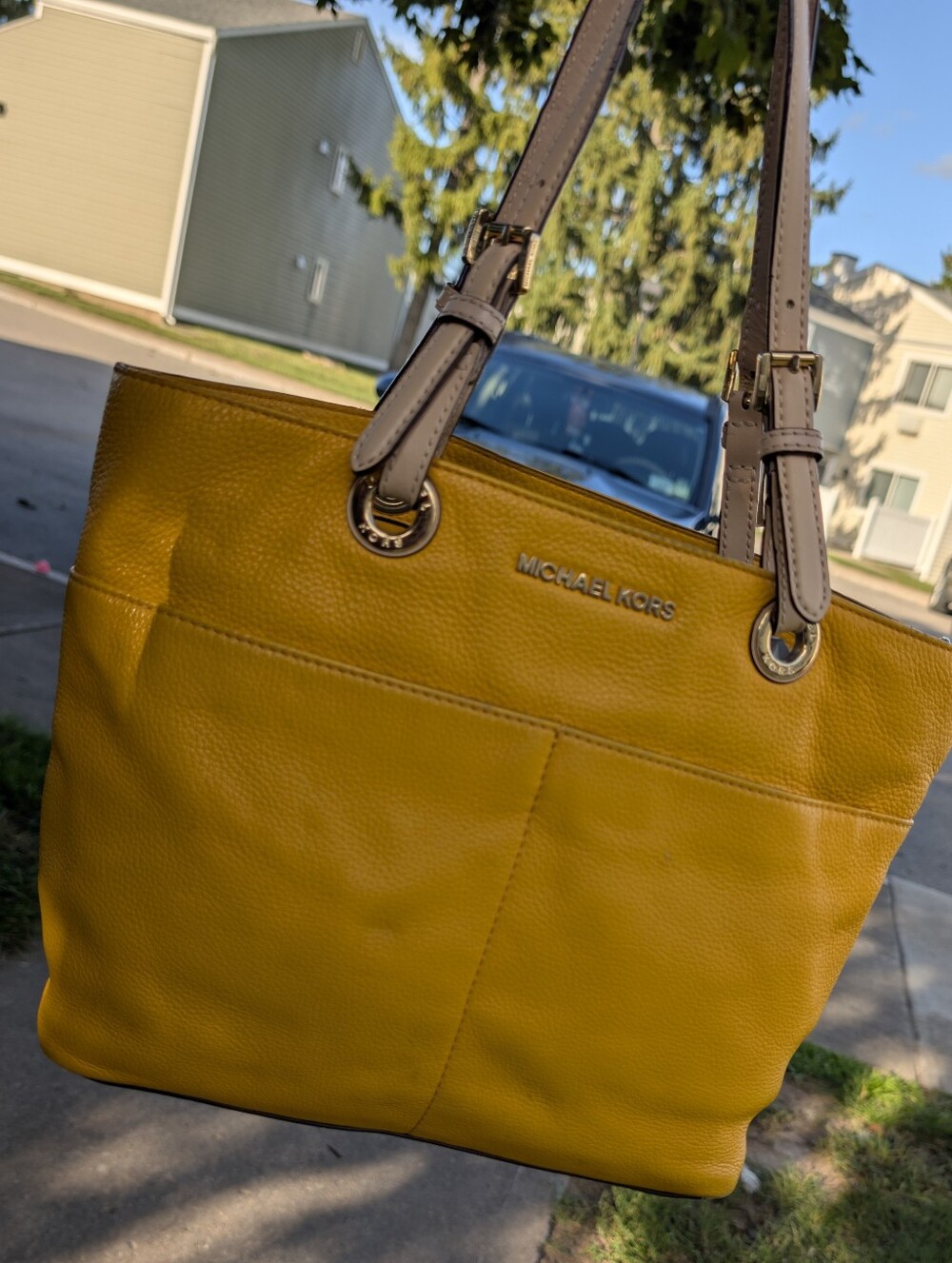 Michael Kors Yellow Leather Tote Bag with Contrast Straps